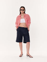 Coral Red Striped Oversized Cropped Shirt